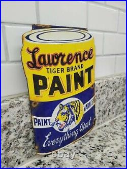 Vintage Lawrence Tiger Porcelain Sign Paint Can Gas Motor Oil Service Garage