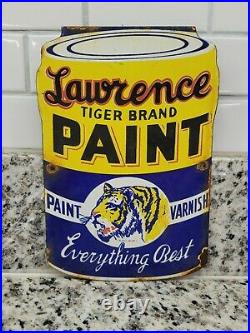 Vintage Lawrence Tiger Porcelain Sign Paint Can Gas Motor Oil Service Garage