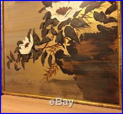 Vintage Lee Reynolds Original Signed Textured Oil Asian Bird Flowers Gold Canvas