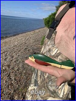 Vintage Leroy Howell Wood Painted Green Yellow Spearing Fish Fishing Decoy Lure