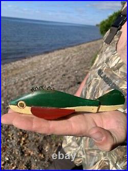 Vintage Leroy Howell Wood Painted Green Yellow Spearing Fish Fishing Decoy Lure