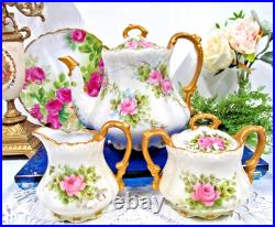 Vintage Limoges Style painted pink roses artist signed teaset teapot c & s set