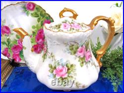 Vintage Limoges Style painted pink roses artist signed teaset teapot c & s set