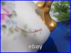 Vintage Limoges Style painted pink roses artist signed teaset teapot c & s set