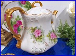 Vintage Limoges Style painted pink roses artist signed teaset teapot c & s set