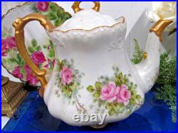 Vintage Limoges Style painted pink roses artist signed teaset teapot c & s set