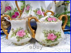 Vintage Limoges Style painted pink roses artist signed teaset teapot c & s set