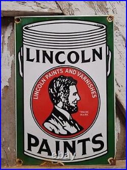 Vintage Lincoln Paints Porcelain Sign Old Abe Lincoln Varnish Hardware Supply Co