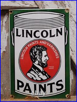 Vintage Lincoln Paints Porcelain Sign Old Abe Lincoln Varnish Hardware Supply Co