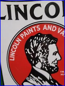 Vintage Lincoln Paints Porcelain Sign Old Abe Lincoln Varnish Hardware Supply Co