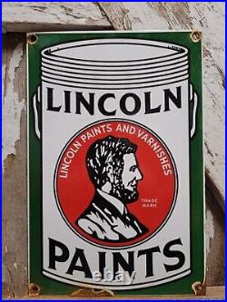 Vintage Lincoln Paints Porcelain Sign Old Abe Lincoln Varnish Hardware Supply Co