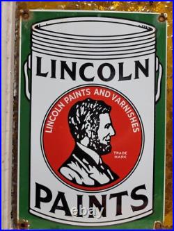 Vintage Lincoln Paints Porcelain Sign Old President Lincoln Varnish Hardware 12