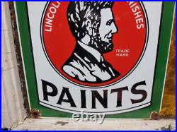 Vintage Lincoln Paints Porcelain Sign Old President Lincoln Varnish Hardware 12