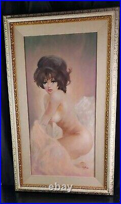 Vintage MCM Signed Nude Female Exotic Portrait Oil Painting On Canvas J. Burns