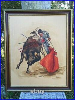 Vintage MID Century Modern Original Bullfighter Framed Painting Spanish Matador