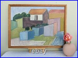 Vintage MID Century Modern Swedish Oil Landscape Painting Building Blocks