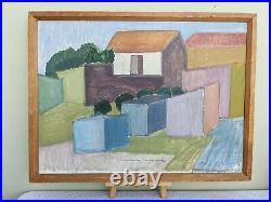 Vintage MID Century Modern Swedish Oil Landscape Painting Building Blocks