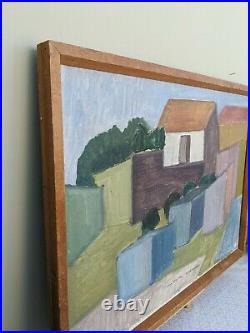 Vintage MID Century Modern Swedish Oil Landscape Painting Building Blocks