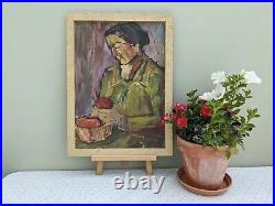 Vintage MID Century Modernist Portrait Swedish Painting Lady With Apples