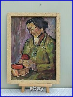 Vintage MID Century Modernist Portrait Swedish Painting Lady With Apples