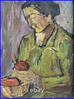 Vintage MID Century Modernist Portrait Swedish Painting Lady With Apples