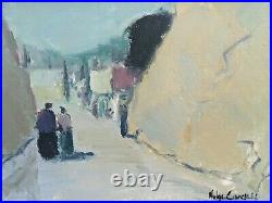 Vintage MID Century Modernist Swedish Framed Oil Painting Street Scene Walk