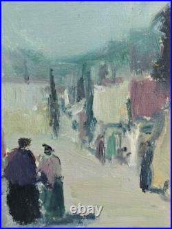 Vintage MID Century Modernist Swedish Framed Oil Painting Street Scene Walk