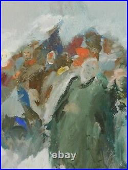 Vintage MYSTERY Russian Modernist Brutalist Oil Painting Figures Snow Forest