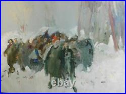 Vintage MYSTERY Russian Modernist Brutalist Oil Painting Figures Snow Forest