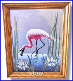 Vintage M. Devoe Original Pink Flamingo Silver Board Painting Signed Framed MCM