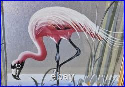 Vintage M. Devoe Original Pink Flamingo Silver Board Painting Signed Framed MCM