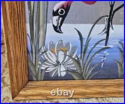 Vintage M. Devoe Original Pink Flamingo Silver Board Painting Signed Framed MCM