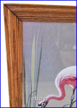 Vintage M. Devoe Original Pink Flamingo Silver Board Painting Signed Framed MCM
