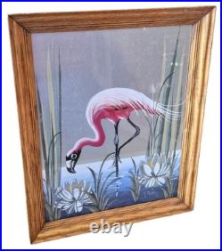 Vintage M. Devoe Original Pink Flamingo Silver Board Painting Signed Framed MCM