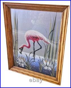 Vintage M. Devoe Original Pink Flamingo Silver Board Painting Signed Framed MCM
