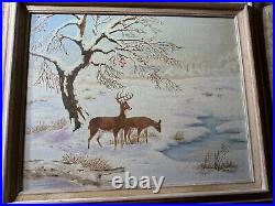 Vintage M. G. Foulke Winter Landscape With Deer Oil Painting Signed/Framed