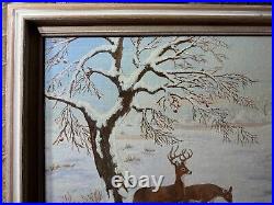 Vintage M. G. Foulke Winter Landscape With Deer Oil Painting Signed/Framed