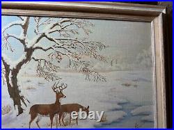 Vintage M. G. Foulke Winter Landscape With Deer Oil Painting Signed/Framed