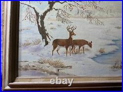 Vintage M. G. Foulke Winter Landscape With Deer Oil Painting Signed/Framed