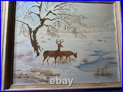 Vintage M. G. Foulke Winter Landscape With Deer Oil Painting Signed/Framed