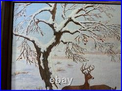 Vintage M. G. Foulke Winter Landscape With Deer Oil Painting Signed/Framed