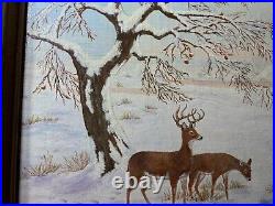 Vintage M. G. Foulke Winter Landscape With Deer Oil Painting Signed/Framed