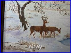 Vintage M. G. Foulke Winter Landscape With Deer Oil Painting Signed/Framed