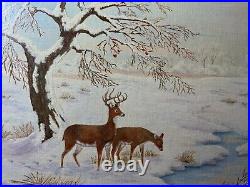 Vintage M. G. Foulke Winter Landscape With Deer Oil Painting Signed/Framed