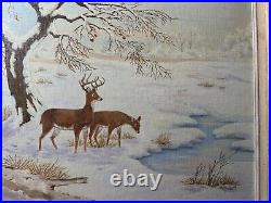 Vintage M. G. Foulke Winter Landscape With Deer Oil Painting Signed/Framed