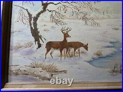 Vintage M. G. Foulke Winter Landscape With Deer Oil Painting Signed/Framed