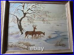 Vintage M. G. Foulke Winter Landscape With Deer Oil Painting Signed/Framed