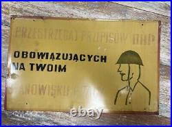 Vintage Metal Poland Polish Sign Factory Safety Observe Health Painted 19x11