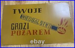 Vintage Metal Poland Polish Sign Factory Your Negligence Threatens Painted 19x11
