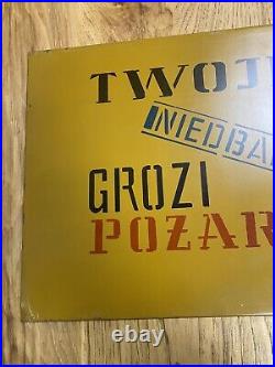 Vintage Metal Poland Polish Sign Factory Your Negligence Threatens Painted 19x11